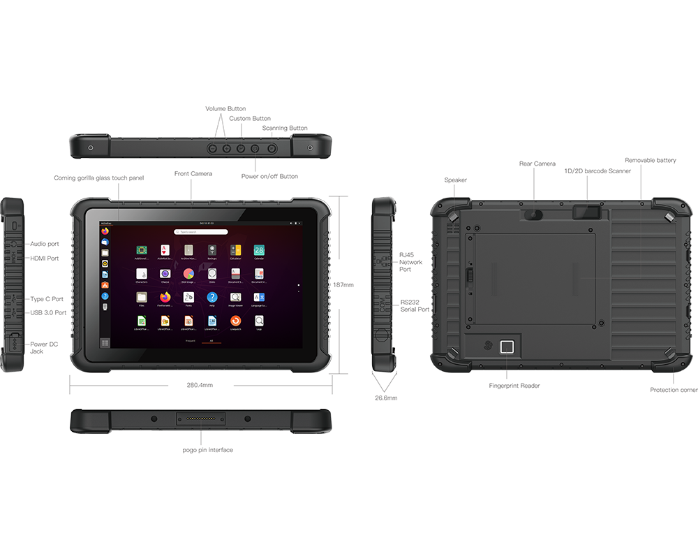 Six Views of EM-I16J: 10.1 inch Rugged Tablet PC Linux