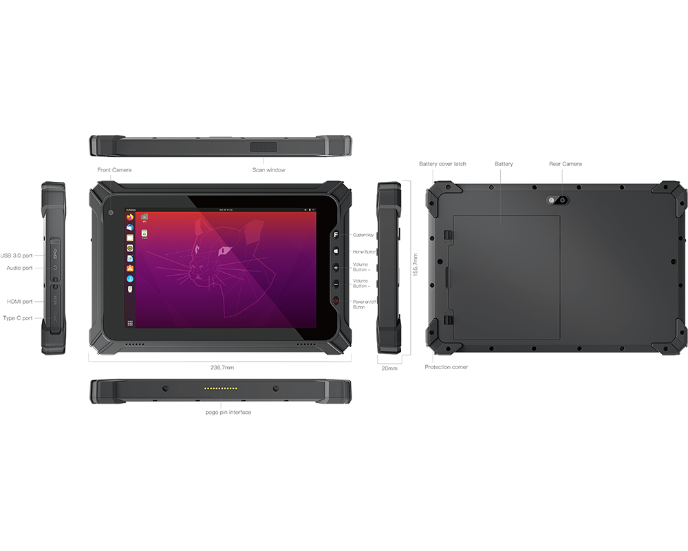 Six Views of EM-I87J: 8" Rugged Tablet PC Linux Jasper Lake N5100